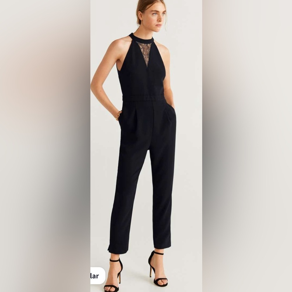 Mango Classic Black Lace Trim Jumpsuit